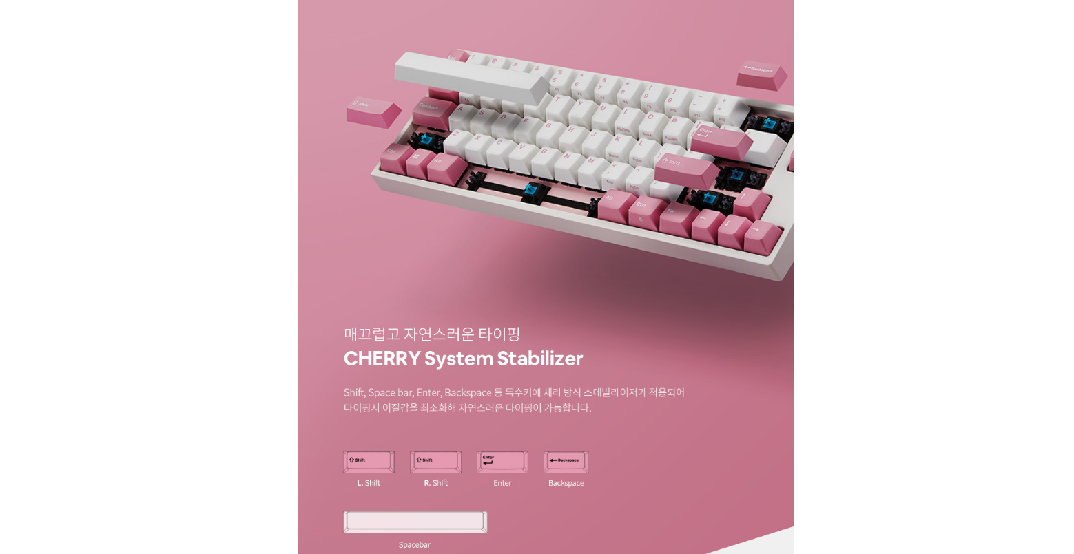 Bàn phím cơ Leopold FC660M White Pink OE Cherry Blue Switch sử dụng hệ thông stabilizer của cherry cho các phím dài gõ chắc chắn và mượt mà